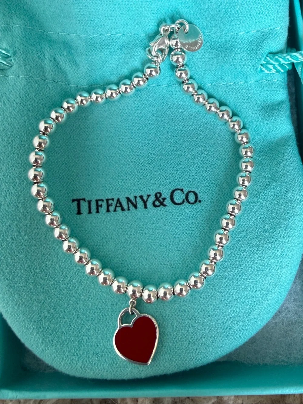 Tiffany & Co Brand New Red Mini Heart Bead Bracelet in Silver with a Diamond
